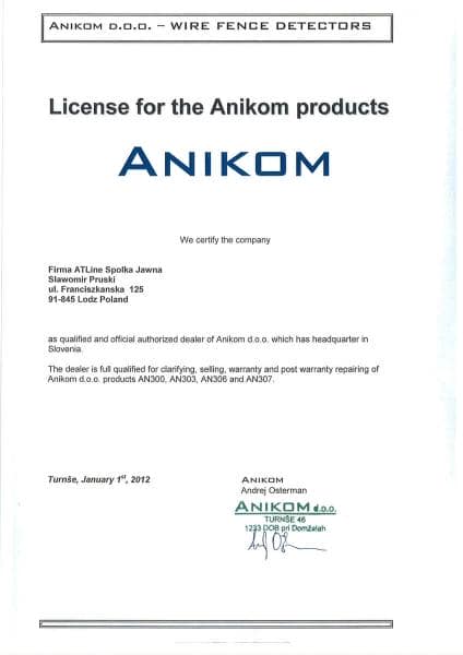 Licencja oficjalnego dystrybutora produktów Anikom